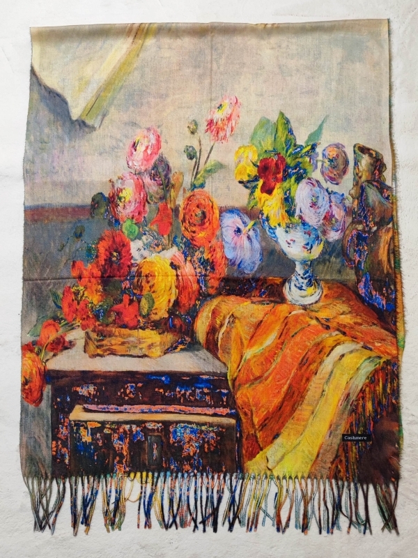 Luxurious painting-type scarf with a reproduction of a classic still life with a vase and flowers, high-quality fabric