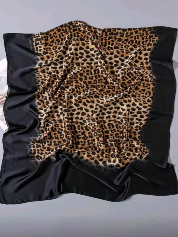 Elegant women's satin scarf with leopard print and black border from Unique Fashion Online