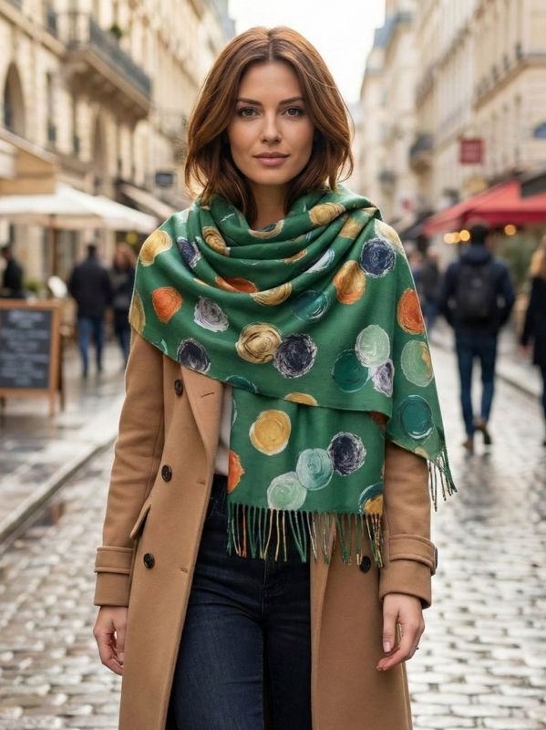 Дамски кашмирени шал на топки в зелено