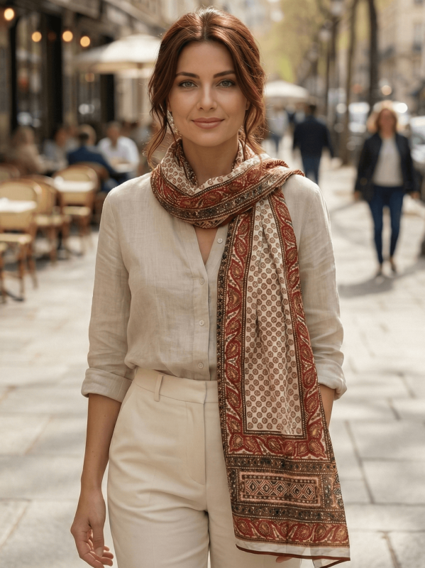 Large women's viscose scarf with a satin effect, decorated with geometric shapes and a rich paisley border in burgundy, 95x190 cm