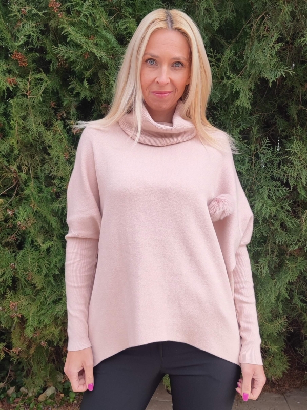 Розов италиански дамски пуловер с поло яка и декоративен елемент, универсален размер за L, XL и 2XL