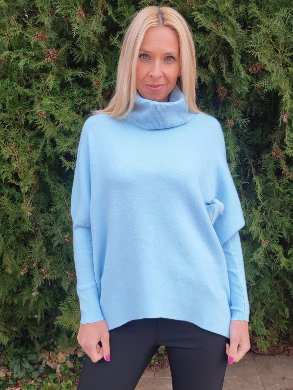 Син италиански дамски пуловер с поло яка и декоративен елемент, универсален размер за L, XL и 2XL