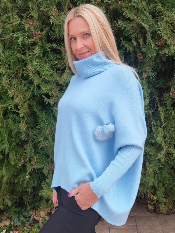 Син италиански дамски пуловер с поло яка и декоративен елемент, универсален размер за L, XL и 2XL