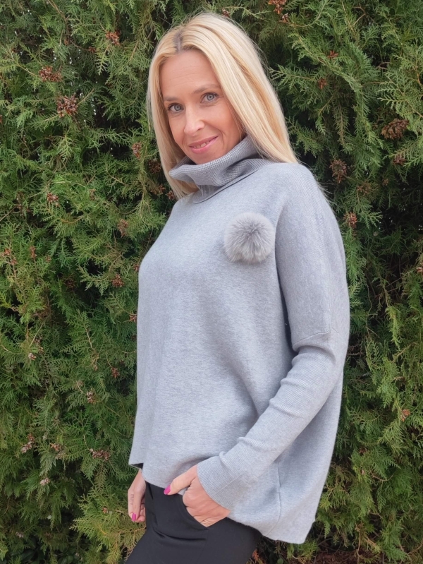 Сив дамски пуловер с поло чка в сиво