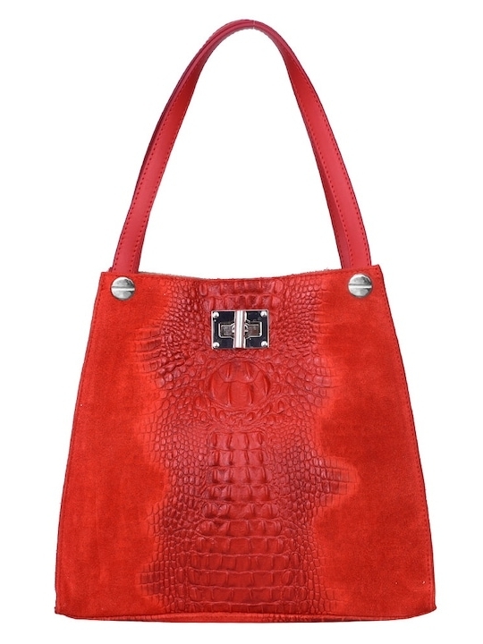 Голяма дамска чанта от естествена кожа в червеноо с дълга дръжка.