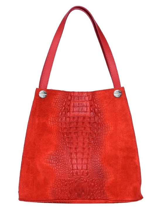 Голяма дамска чанта от естествена кожа в червено с дълга дръжка.