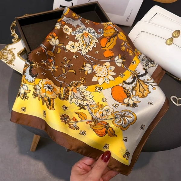 Women's scarf-cloth in brown and yellow with baroque ornaments and fruits, size 70x70 cm