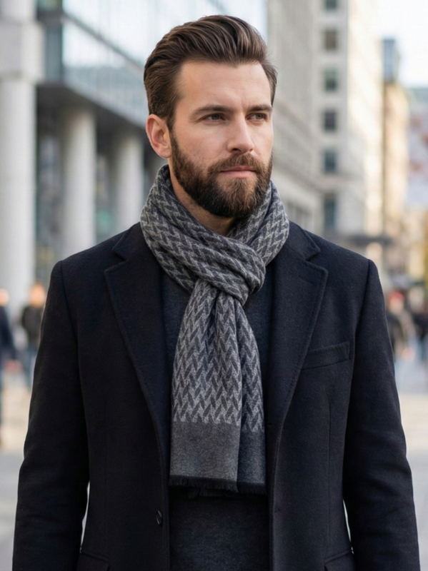 Мъжки кашмирен шал в сиво с геометричен принт- Зимен аксесоар