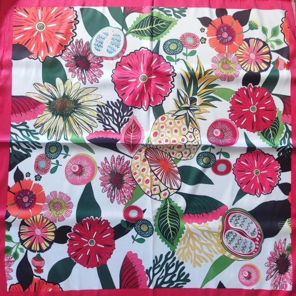 Square women's scarf 70x70 cm with pineapple, flower print and pink edging
