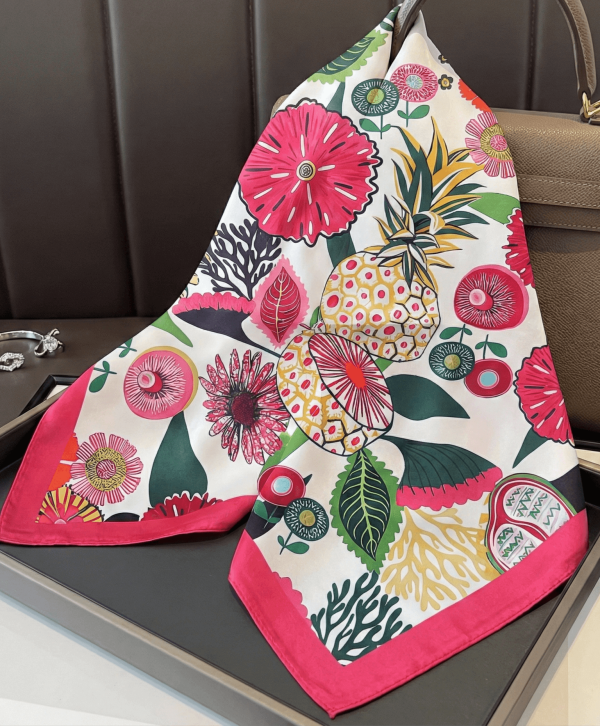 Square women's scarf 70x70 cm with pineapple, flower print and pink edging