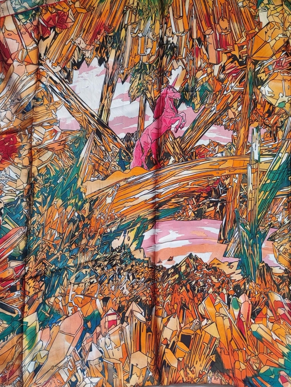 Luxurious women's scarf made of silk and viscose with a print of a pink unicorn and orange crystals.