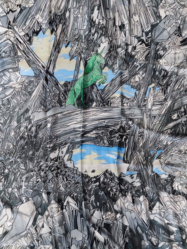 Maxi Scarf with Silk – Print "Mystical Unicorn and Crystals" with Grey 