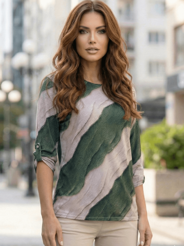 Women's viscose blouse in green and grey, made in Poland, sizes 42-50