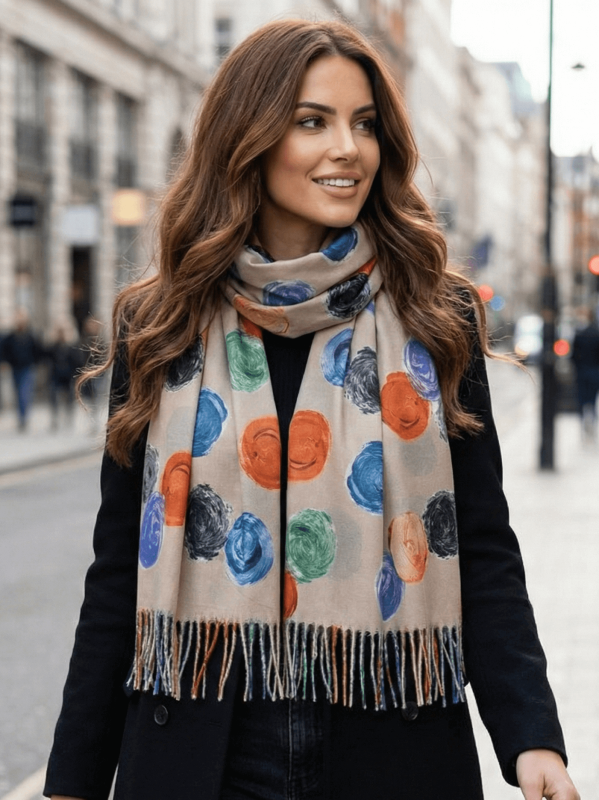 Дамски кашмирени шал на топки в бежово