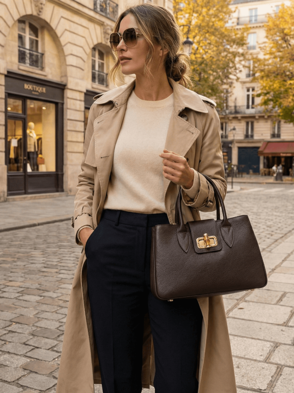 Тъмно кафява дамска чанта от естествена кожа с бамбуков детайл.