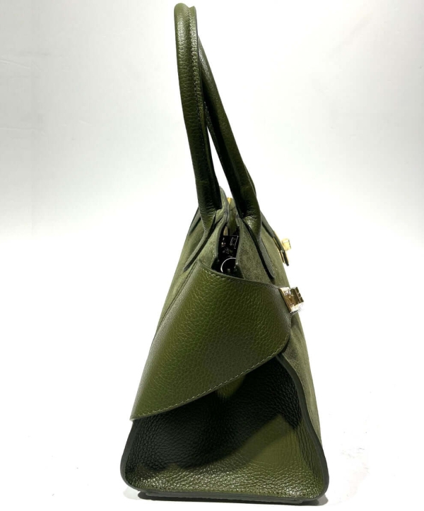 Италианска дамска чанта от естествен велур и кожа – Маслинено зелено