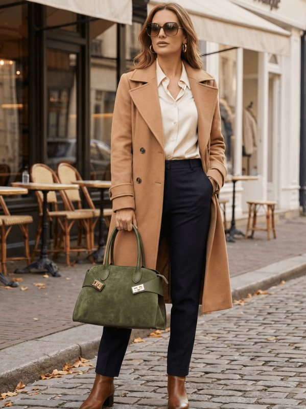 Италианска дамска чанта от естествен велур и кожа – Маслинено зелено