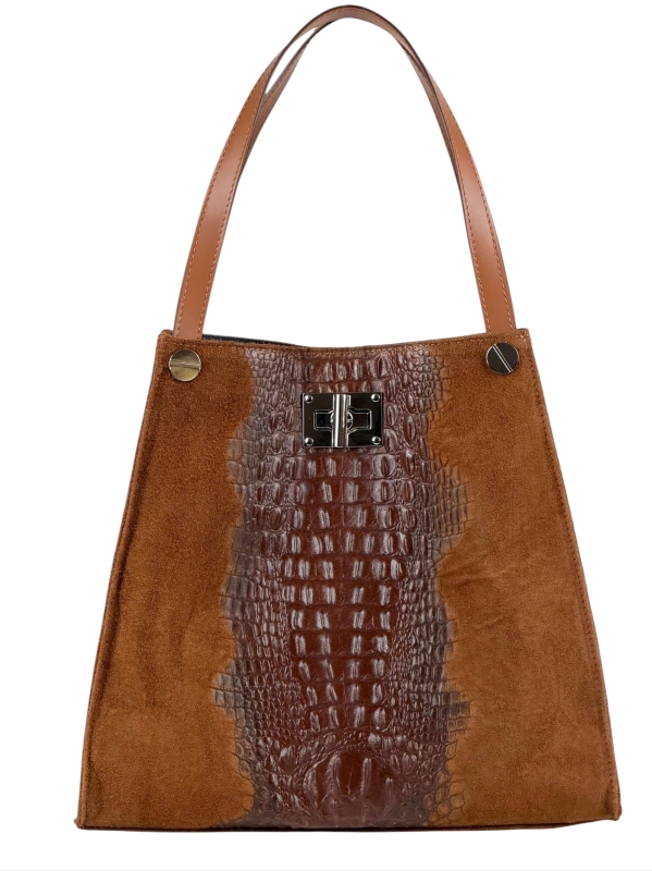 Дамска чанта от велур и кожа в цвят кемъл с кроко ефект отпред.