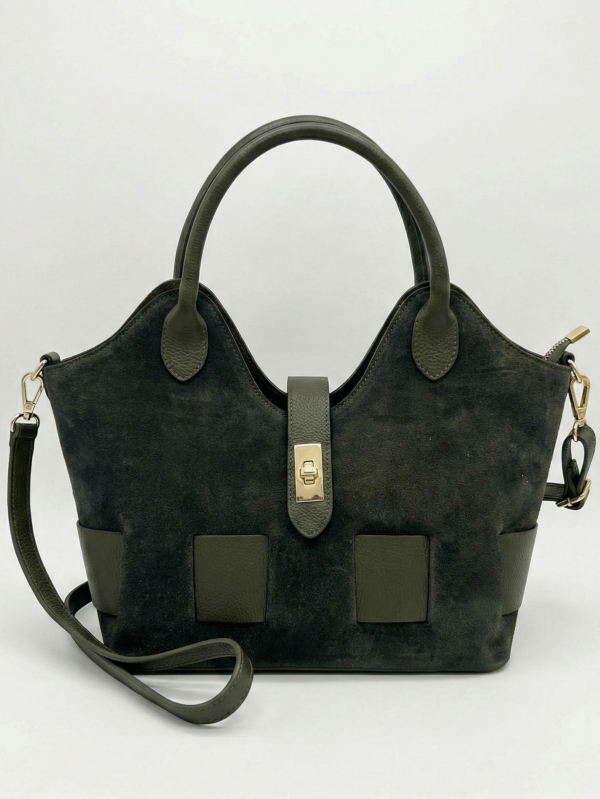 Ladies' handbag made of green suede and genuine leather with decorative gold fastening