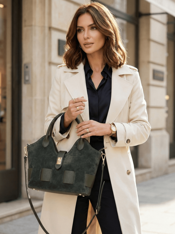 Ladies' handbag made of green suede and genuine leather with decorative gold fastening