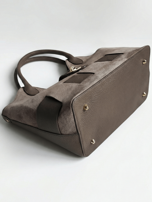 Taupe suede and leather handbag with hard bottom and metal legs