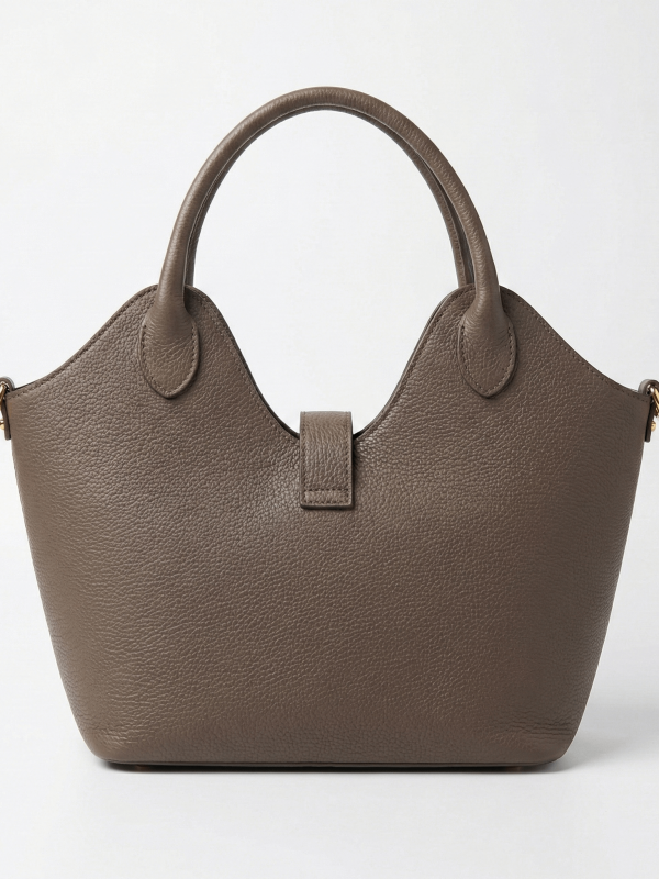 Elegant leather bag in gray-brown with short handles and a long handle