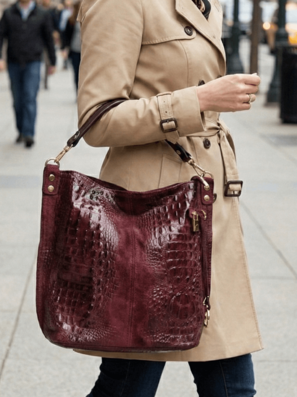 Елегантна дамска визия с чанта тип торба от естествен велур, носена на рамо.