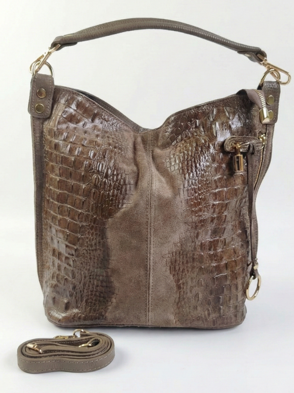 Италианска дамска чанта от кафяв естествен велур с крокодилска щампа