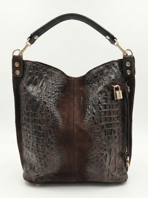 Лице на италианска дамска чанта тип торба от естествен велур с декоративен златист катинар и къса дръжка