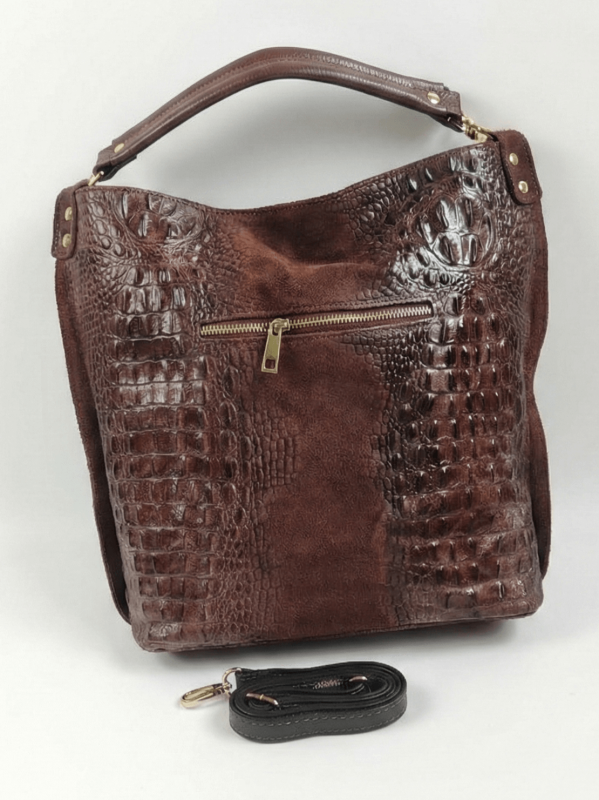 Италианска дамска чанта от велур и кожа с кроко щампа