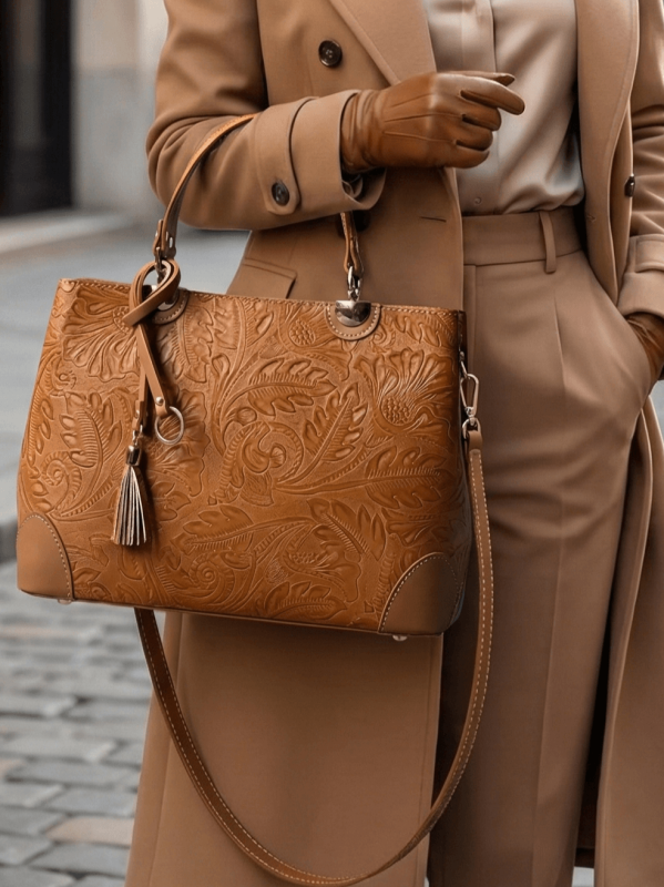 Италианска чанта от естествена кожа с флорален релеф | Unique Fashion