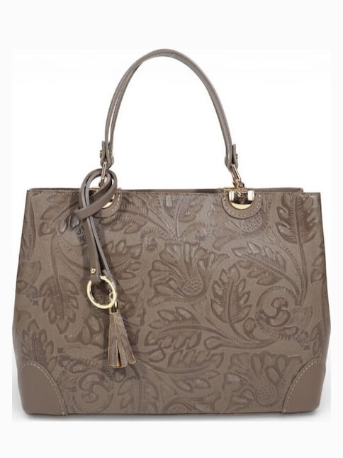 Italian genuine leather bag in brown with floral motifs