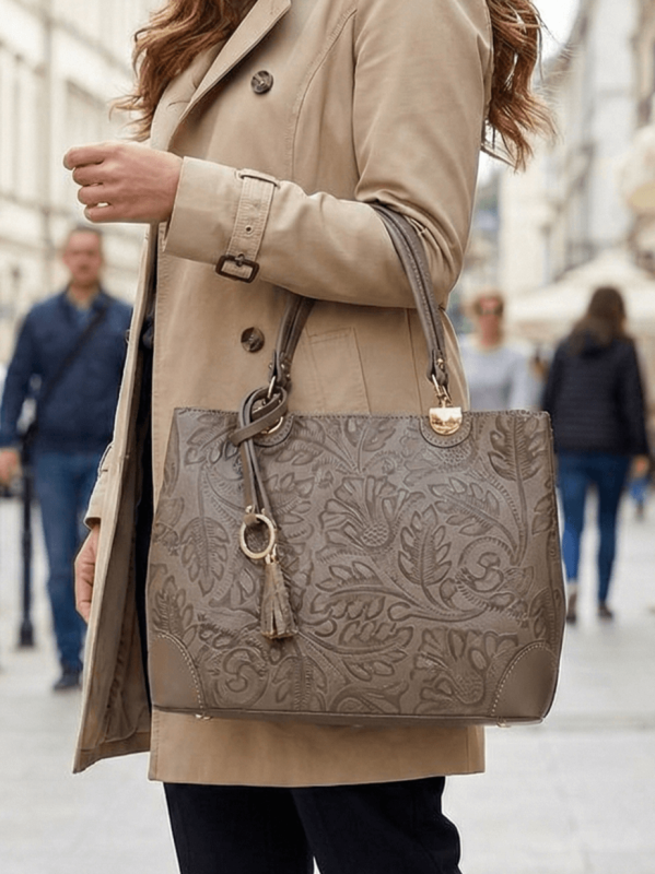 Italian genuine leather bag in brown with floral motifs