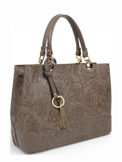 Italian genuine leather bag in brown with floral motifs