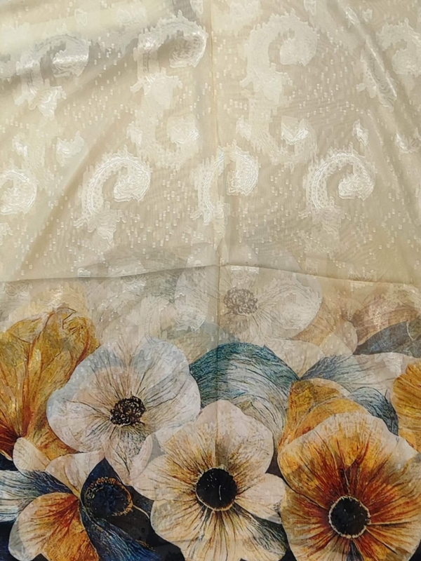 Luxurious long scarf 170cm with floral print yellow and ocher