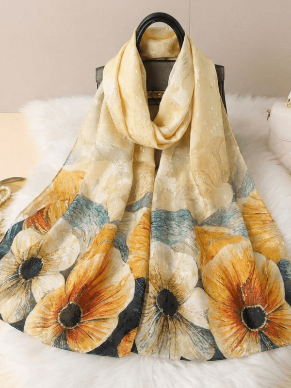 Luxurious long scarf 170cm with floral print yellow and ocher