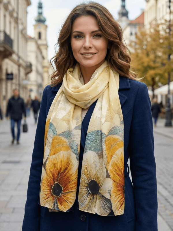 Lady with an elegant yellow floral scarf and a blue coat