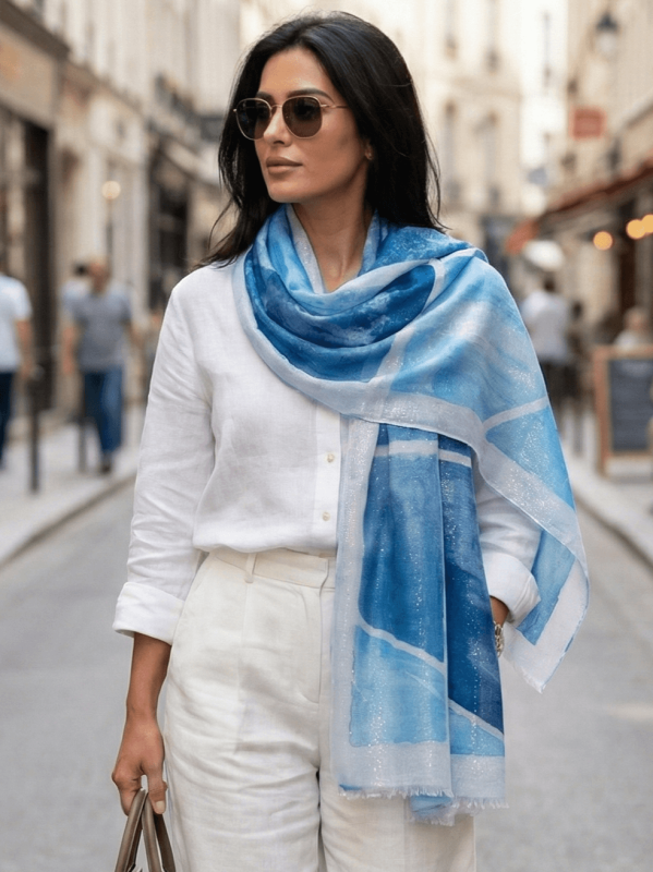 Large women's scarf 190 by 90 cm with an abstract blue print and geometric shapes.