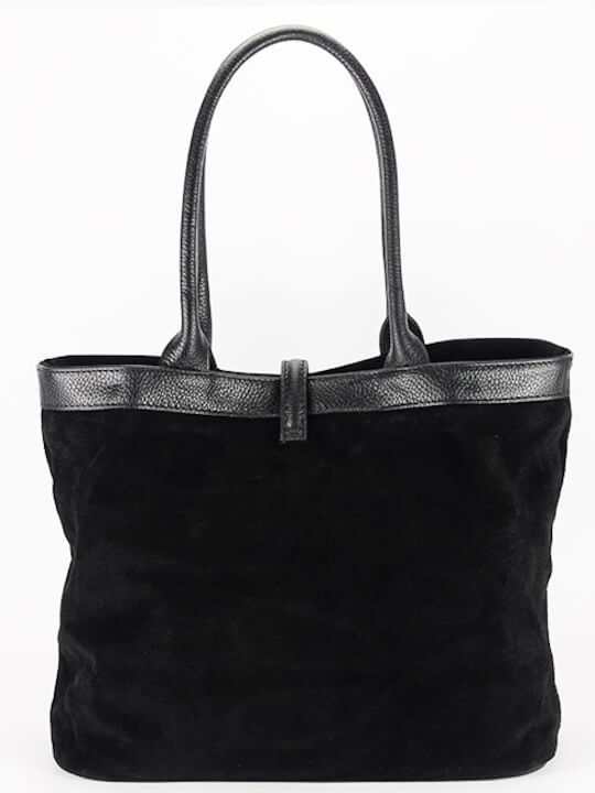 Черна италианска чанта от естествен велур и кожа с къси дръжки.