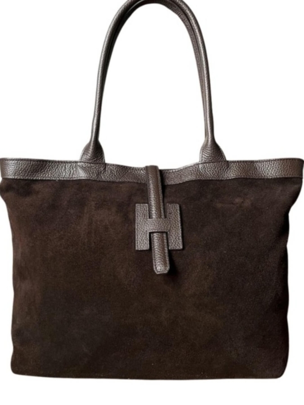 Голяма кафяв чанта от естествен велур