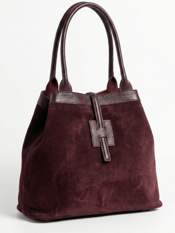 Италианска дамска чанта от естествен велур и кожа – Бордо класически модел с променяща се форма