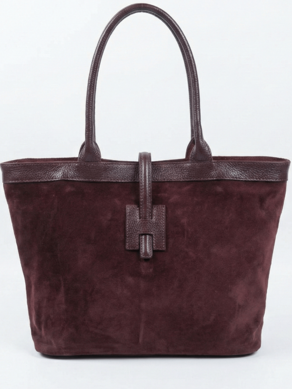 Италианска дамска чанта от естествен велур и кожа – Бордо класически модел с променяща се форма
