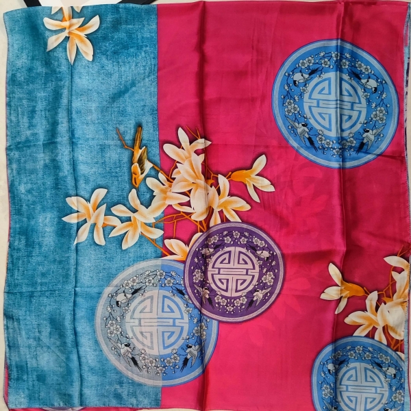 Large satin scarf in pink and blue with oriental ornaments, viscose and silk