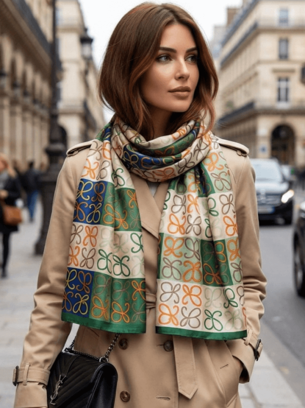 Дамски шал в зелено и оранжево с коприна, вързан обемно върху бежов тренчкот, уличен стил.