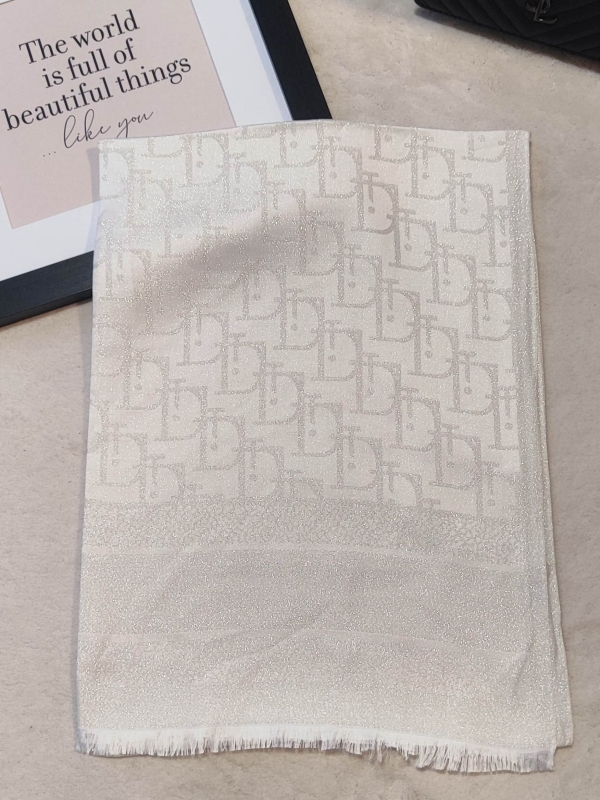 white women's scarf with letters and shiny thread, luxurious accessory made of cotton and viscose