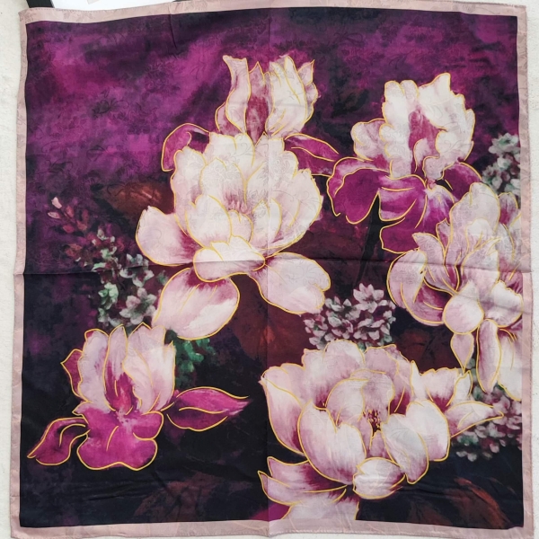 Square women's scarf 70x70 cm, dark purple background, detailed flower print, luxurious accessory made of viscose and silk.