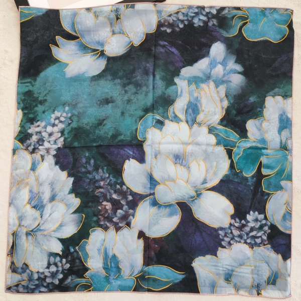 Double-faced women's scarf, turquoise green face, floral motifs with white and blue flowers, unfolded square scarf by Unique Fashion.