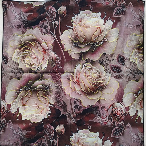 An unfolded women's neck scarf showing the face in brown with delicate roses with golden outlines.
