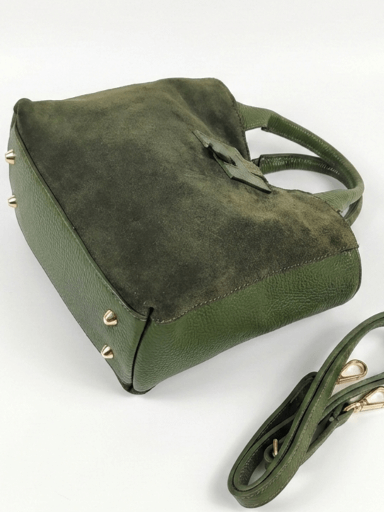 Small dark green 2-in-1 handbag made of genuine leather and suede