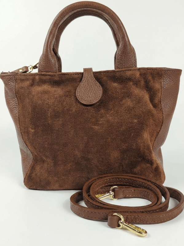Small brown 2-in-1 handbag made of genuine leather and suede